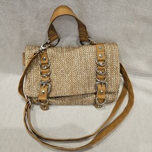 Olivia + Joy Tan and Brown Woven Crossbody Bag With Buckle And Ring Accents
